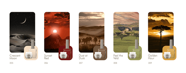 A group of different fall | winter Gemini nourishing nail polish and Biogel gel colors from the African Sunset collection 