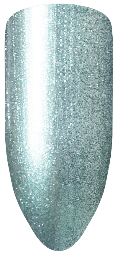 “Swatch of BIOGEL #190 Free Imagination, a light metallic blue shade with green and gold shimmer from the Fantasy Collection, promoting Bio Sculpture’s latest professional gel colors and nail care products.”