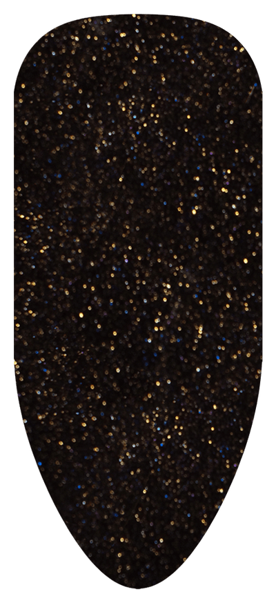 “Swatch of BIOGEL #202 Gorgeous Decay, a pure black gel with fine gold sparkle from the Romantic Gothic Collection, promoting Bio Sculpture’s latest professional gel colors and nail care products.”