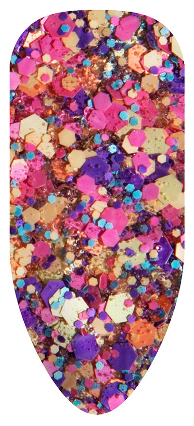 “Swatch of BIOGEL #204 Kaleidoscope, a clear gel with multicolored hexagon glitter fragments in pink, violet, indigo, orange, and lime, promoting Bio Sculpture’s latest professional gel colors and nail care products.”