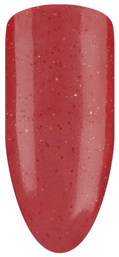 “Swatch of BIOGEL #2071 Stardust Ruby, a raspberry red gel with various-sized glitter from Bio Sculpture’s professional color gel range.”