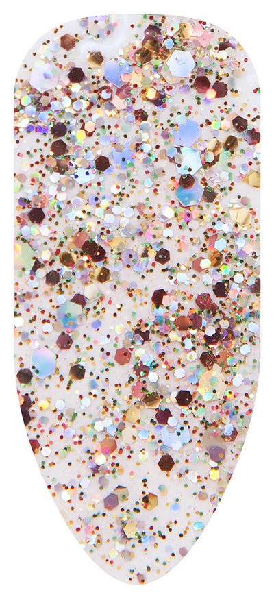 “Swatch of BIOGEL #209 Glitter Bug, a bold glitter gel inspired by street fashion and nightlife, from the Disco Dolly Collection, promoting Bio Sculpture’s latest professional gel colors and nail care products.”