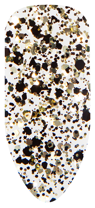 “Swatch of BIOGEL #212 Jeweled Opulence, a glitter gel with black and gold metallic particles from the Decadent Collection, promoting Bio Sculpture’s latest professional gel colors and nail care products.”