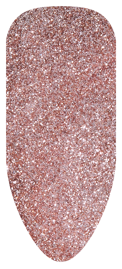 “Swatch of BIOGEL #220 Shine Like a Disco Ball, a dense rose gold glitter shade from the Mad Glamour Collection, promoting Bio Sculpture’s latest professional gel colors and nail care products.”