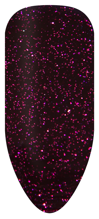 “Swatch of BIOGEL #221 Party Popper, a dark glittery purple gel shade with near-black depth from the Mad Glamour Collection, promoting Bio Sculpture’s latest professional gel colors and nail care products.”