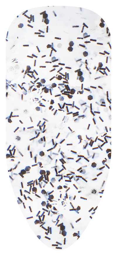 “Swatch of BIOGEL #227 Snowflake Frosting, a white gel with black flakes from the Dreamers Collection, promoting Bio Sculpture’s latest professional gel colors and nail care products.”