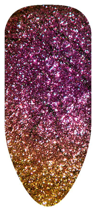 “Swatch of BIOGEL #243 Mercury, a glitter gel blending berry pink, golden yellow, and green from the Galaxy Collection, promoting Bio Sculpture’s latest professional gel colors and nail care products.”