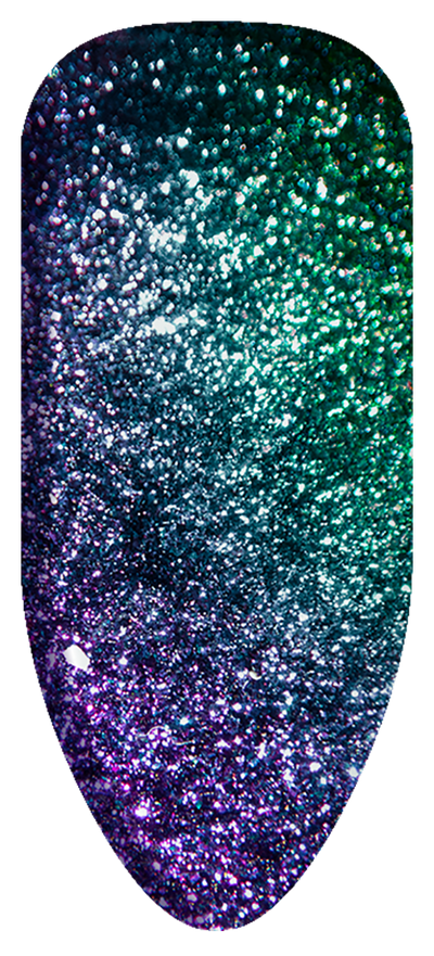 “Swatch of BIOGEL #244 Jupiter, a deep galactic glitter gel with blue-green and violet tones from the Galaxy Collection, promoting Bio Sculpture’s latest professional gel colors and nail care products.”