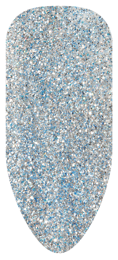 “Swatch of BIOGEL #264 Sapphire Song, a fine silver and sapphire blue glitter gel from the Vintage Poetry Collection, promoting Bio Sculpture’s latest professional gel colors and nail care products.”