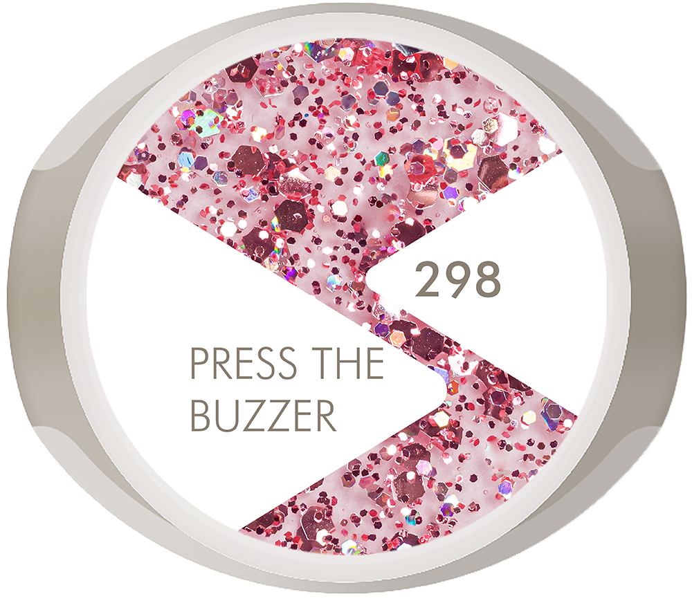 “A jar image of BIOGEL #298 Press the Buzzer, a confetti-style glitter gel inspired by celebration and glam, promoting Bio Sculpture’s professional gel color range.”