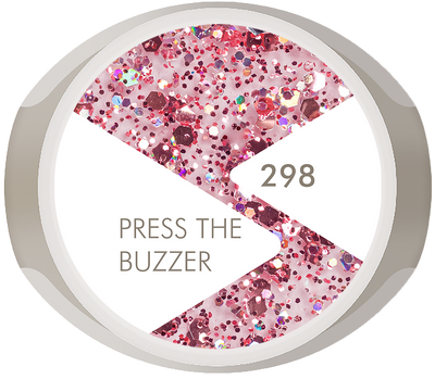 “A jar image of BIOGEL #298 Press the Buzzer, a confetti-style glitter gel inspired by celebration and glam, promoting Bio Sculpture’s professional gel color range.”