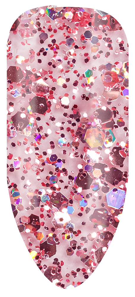 “Swatch of BIOGEL #298 Press the Buzzer, a confetti-style glitter gel inspired by celebration and glam, promoting Bio Sculpture’s professional gel color range.”