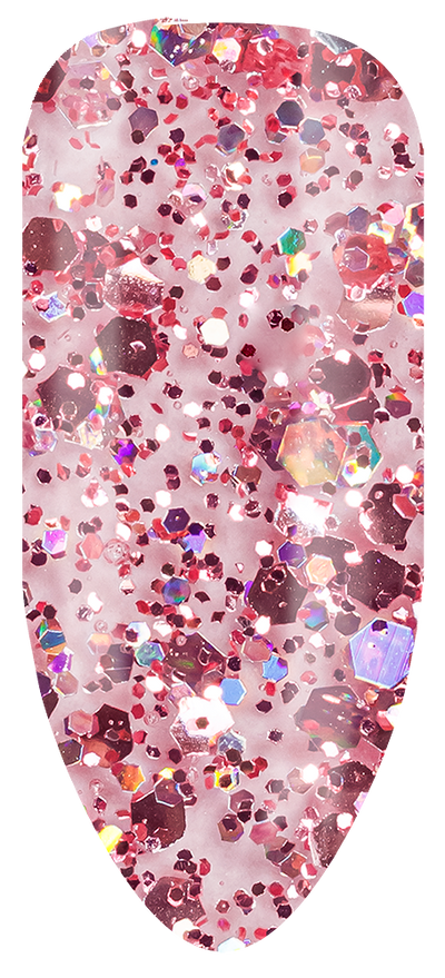 “Swatch of BIOGEL #298 Press the Buzzer, a confetti-style glitter gel inspired by celebration and glam, promoting Bio Sculpture’s professional gel color range.”